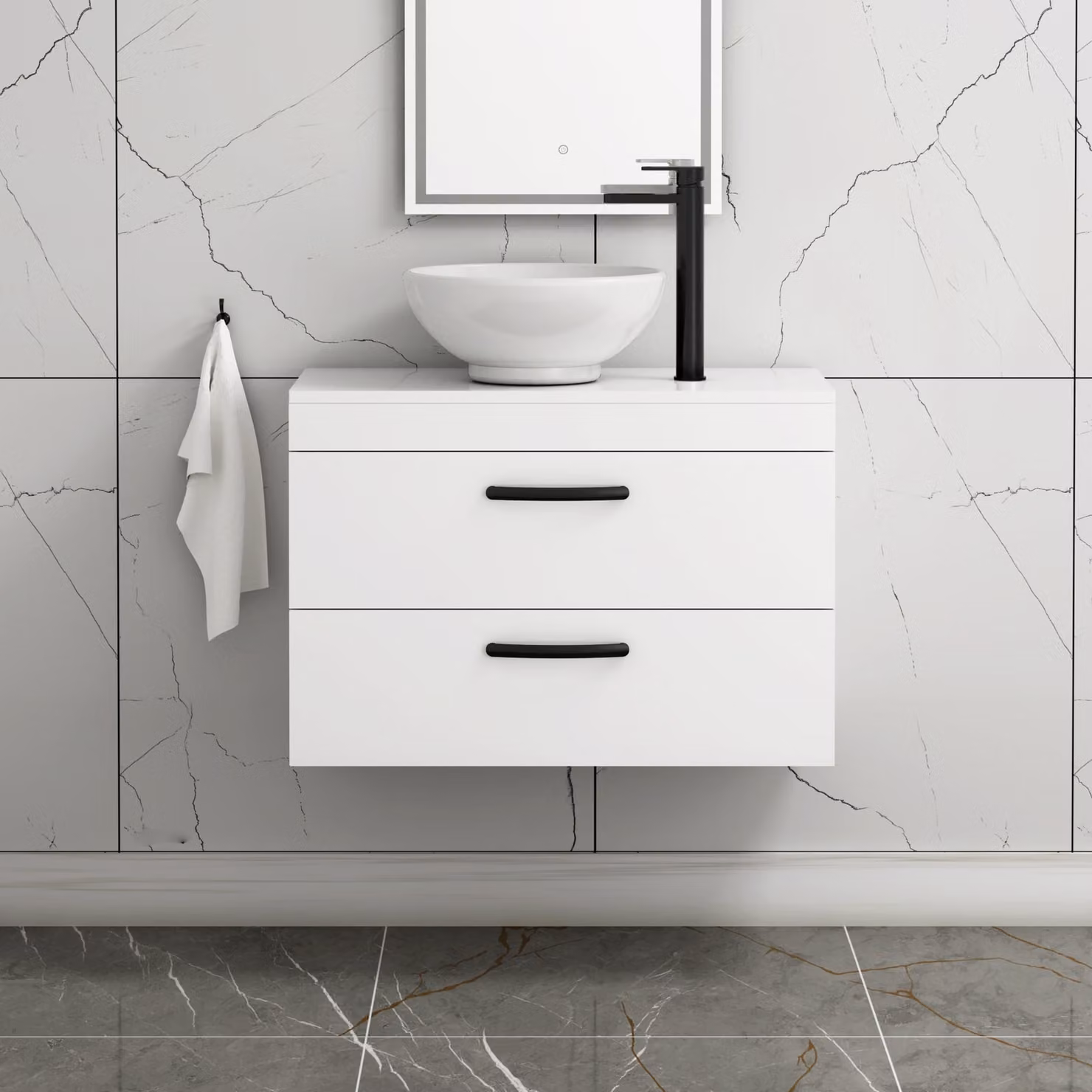 Royal Bathrooms 800mm Wall Hung Gloss White Vanity Unit with Breeze Countertop Basin and Matt Black Handles