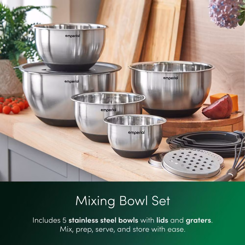 Emperial Stainless Steel Nesting Mixing Bowls Set of 5 with Lids and Graters, Silver – 2