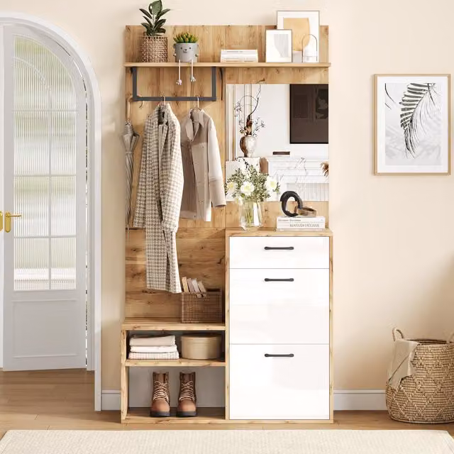 Aosom UK 7-in-1 High-gloss Coat Rack with Mirror, 2 Shoe Compartments and Semi-open Shelves, White and Oak, W: 38.5 cm, D: 38.5 cm, H: 190 cm