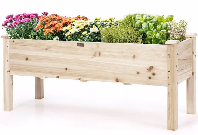 COSTWAY Rustic Wooden Raised Plant Bed for Herb, Vegetable or Ornamental Gardens in Brown and Beige