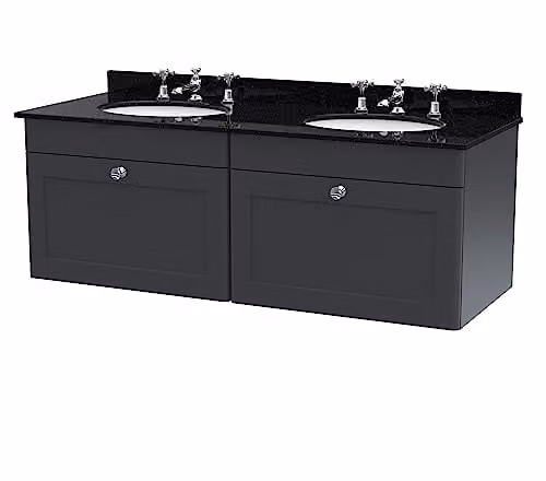 nuie Classique Wall Hung 2 Drawer Unit and 3 Tap Hole Double Marble Top with Round Basin, Satin Anthracite and Soft Black, W: 122 cm, D: 47 cm, H: 50.9 cm – 1