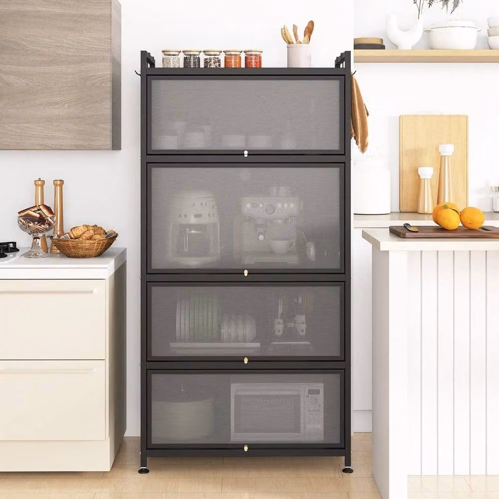 EONLION 5-Tier Modern Black Metal Kitchen Storage Cabinet with Wheels and Glass Doors – 3