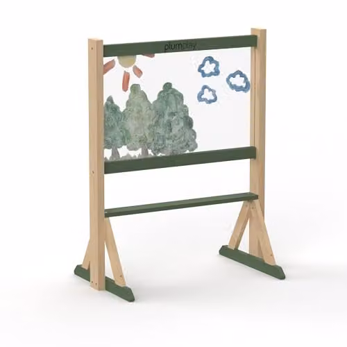 Plum Play Dual Sided Easy Wipe Easel with Storage Shelf for Indoor and Outdoor Use in Brown, Green and Transparent
