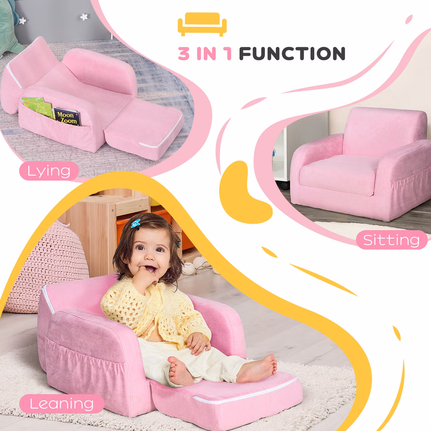 HOMCOM Kids 2 In 1 Fold Out Armchair Sofa Bed with Padded Wood Frame, Pink – 3