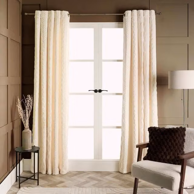 OHS Cream Cable Knit Fleece Thermal Eyelet Curtains