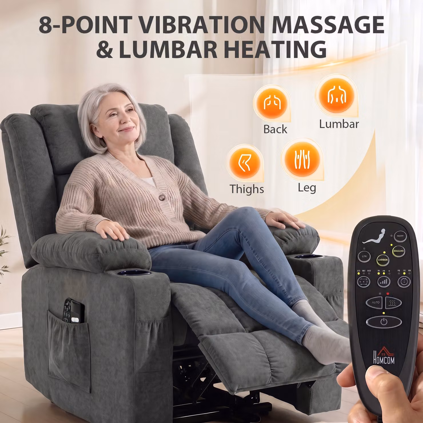 HOMCOM Dual Motor Electric Lift Recliner Chair with Massage and Heat, Dark Grey – 5