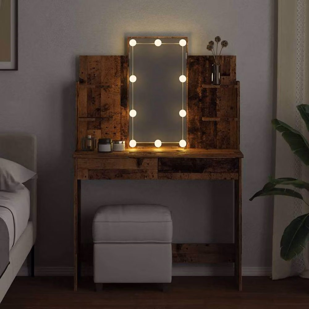 Berkfield Home Dressing Table with Hollywood LED Lights in Brown, W/D/H: 96 x 40 x 142 cm – 4