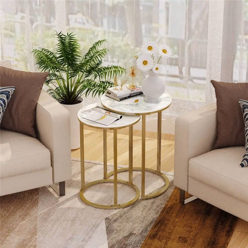 Kelvenix Set of 2 Round Nesting Tables with White Marble Tops and Gold Metal Legs – 2