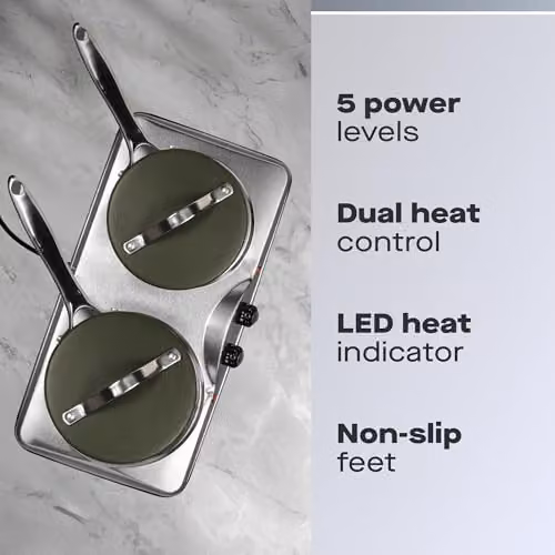 Daewoo Double Electric Hot Plate Hob, 2500W Portable Tabletop Cooker in Silver or Black – 2