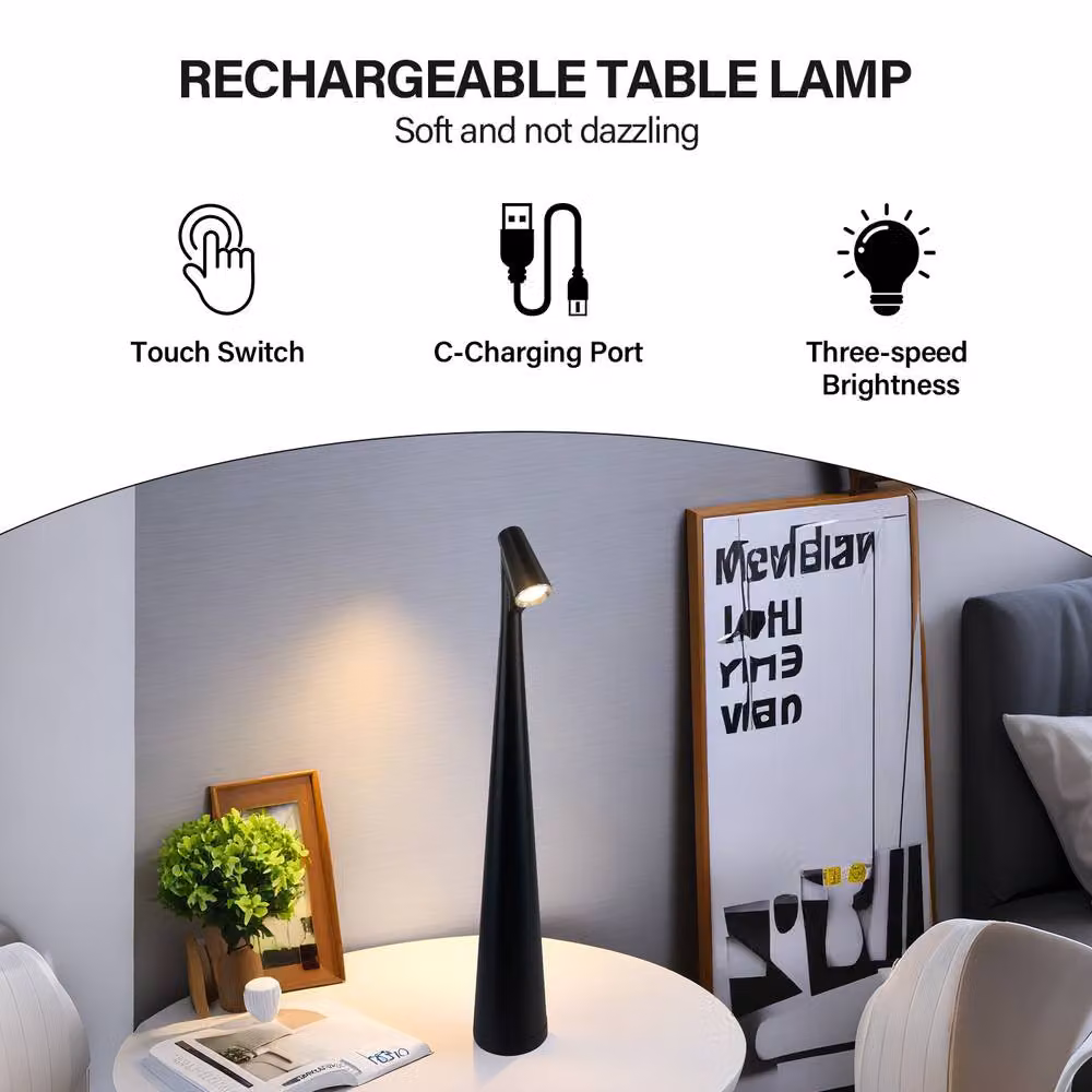 INMTFEI Rechargeable USB-C LED Table Lamp with Warm White Touch Control in Black – 5