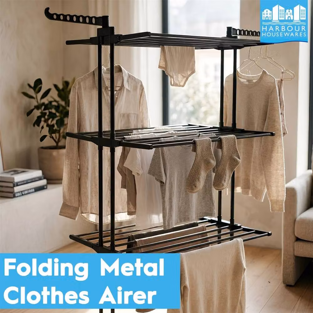 NESTLUNE 4-Tier Folding Metal Wheeled Clothes Airer in Black – 3
