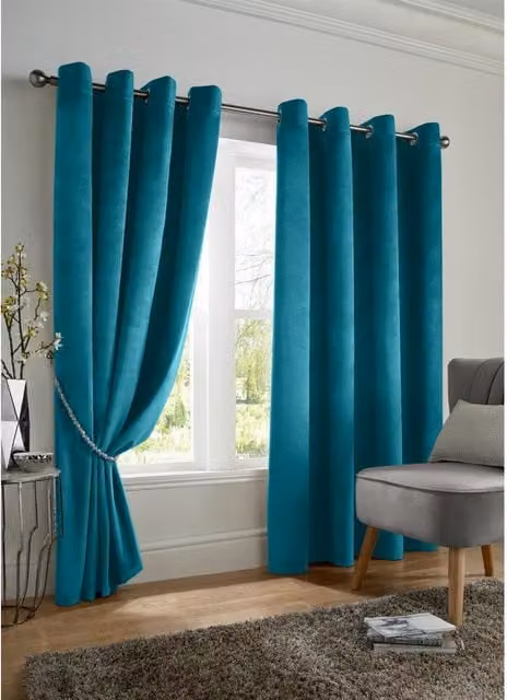 Livinluxury Petrol Velvet Blackout Eyelet Curtains