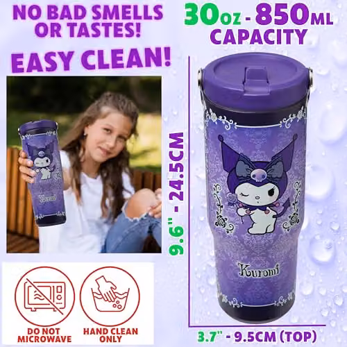 Get Trend Sanrio Kuromi Insulated Metal Water Bottle with Flip Up Straw and Handle, 850ml, Purple – 6