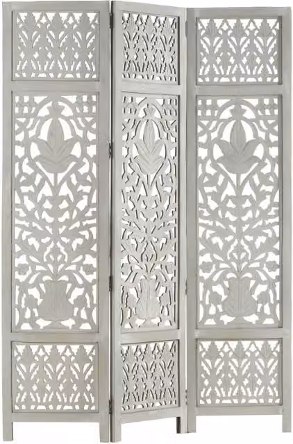 Berkfield Home Hand Carved 3-Panel Floral Room Divider in Grey Solid Mango Wood, W: 120 cm, H: 165 cm