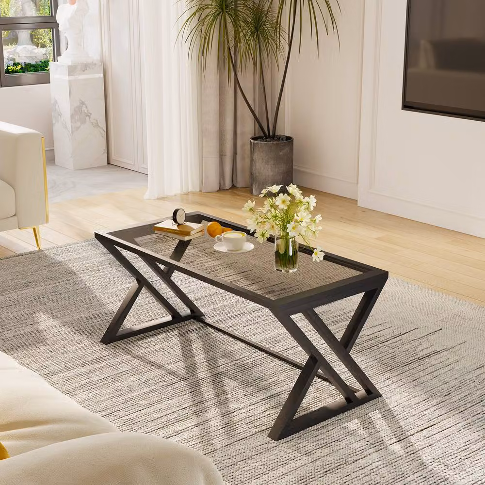 Huhote Rectangular Glass Coffee Table with Black Metal Frame in Grey – 2