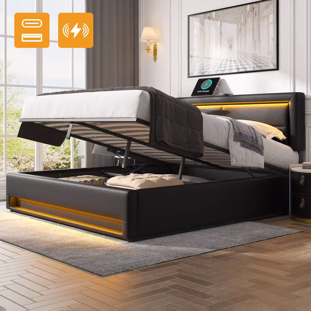 Rolipo Black PU Upholstered Double Bed with LED Lighting, USB Charging Port and Lift-Up Storage – 2