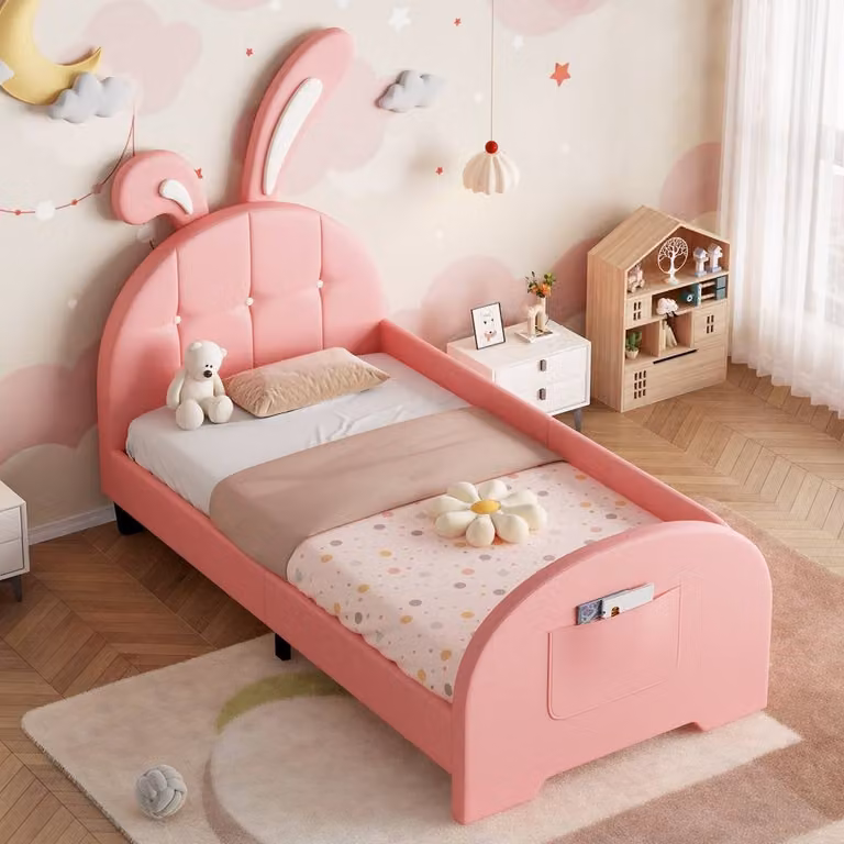Rolipo 3ft Single Rabbit-Shaped Upholstered Bed Frame in Pink PU Leather