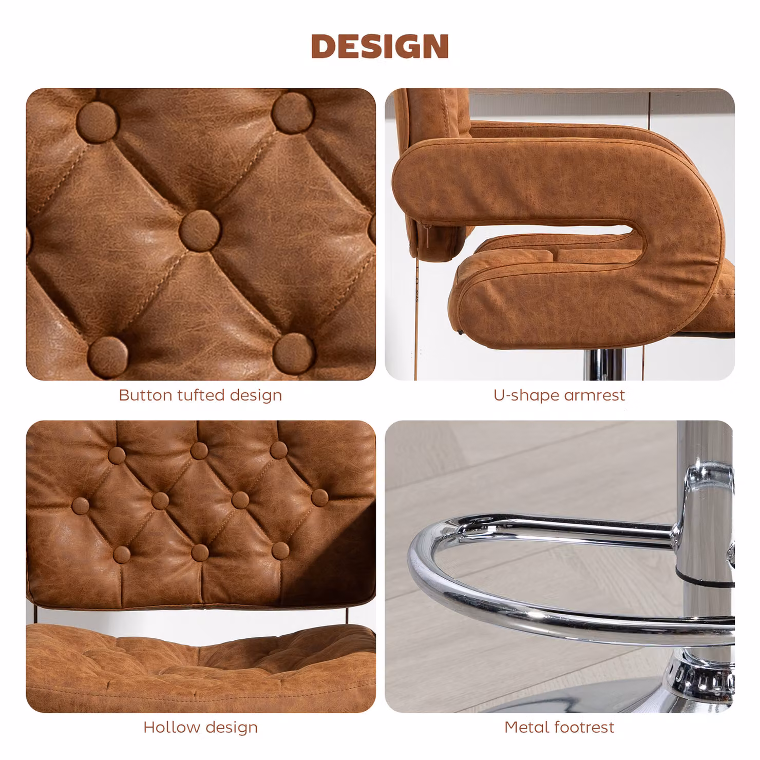 HOMCOM Brown PU Leather Upholstered Swivel Bar Stool with Armrests and Footrest, Height Adjustable – 6