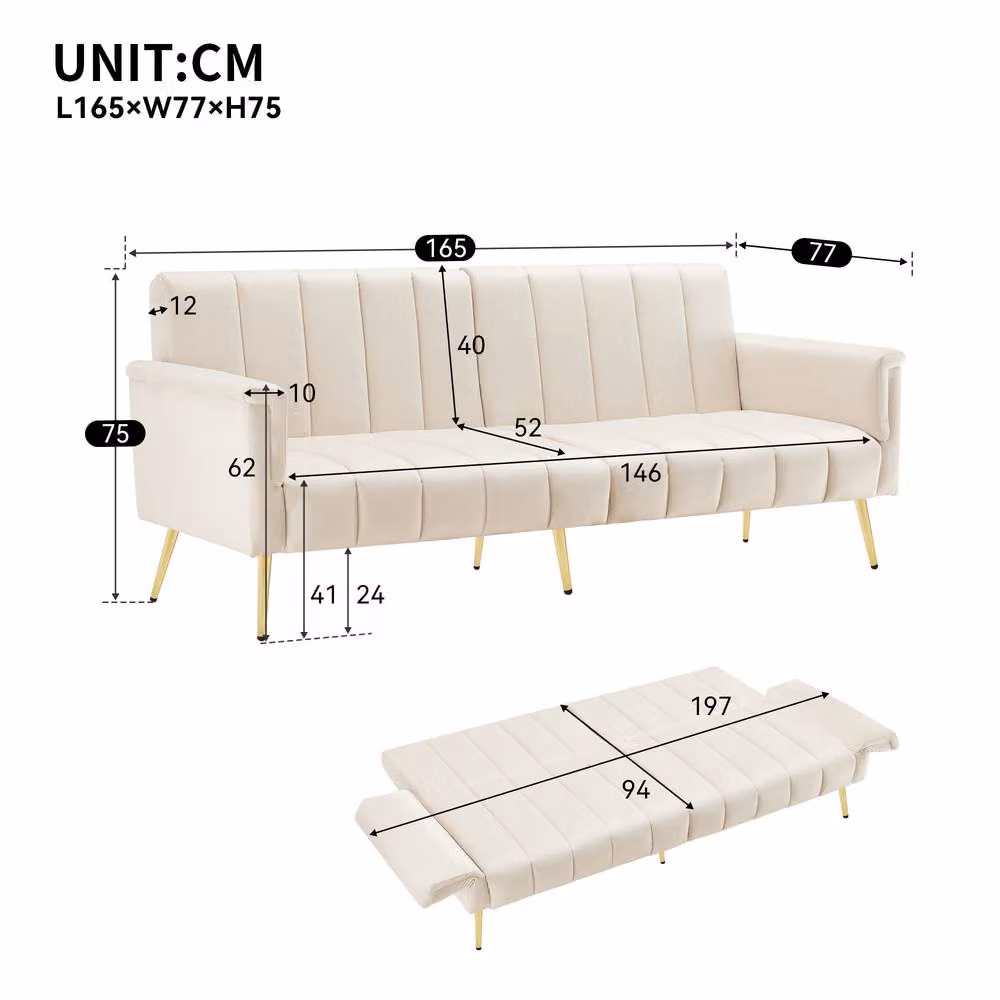 ModernLuxe Velvet Sofa Bed in Beige with Click-Clack Sleeping Function – 2