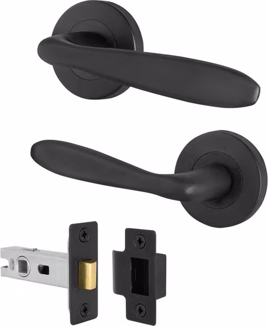 AFIT Matt Black Curved Door Handle Latch Set with Round Rose, 1 Pair, 64mm, W/D/H: 15 x 15 x 1.5 cm – 1