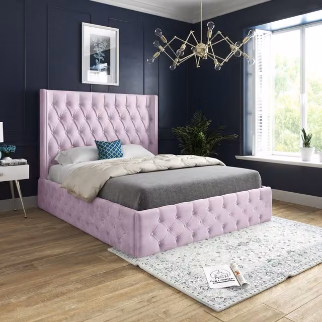 Wayno Pink Velvet Upholstered Chesterfield Winged Bed Frame, Width: 128 cm