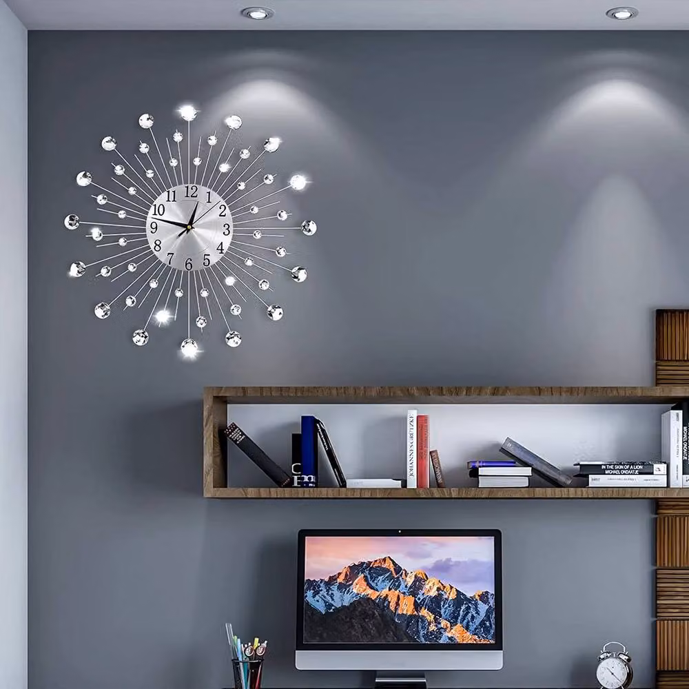 FLAVORA Diamante Sunburst Wall Clock in Metallic Silver, Diameter: 45 cm – 3