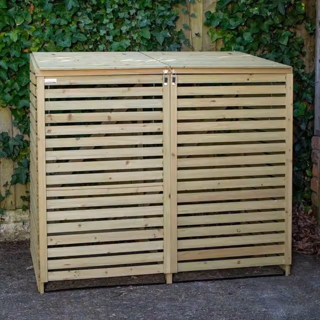 NESTLUNE Large Wooden Garden Double Wheelie Bin Store in Natural Brown, W/D/H: 120 x 100 x 15 cm – 1