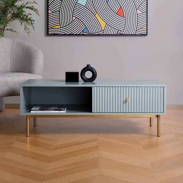 Home Garden Direct Modern Rectangular Coffee Table with Drawer in Sage Green – 1