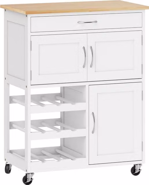 HOMCOM Modern White Kitchen Trolley with Rolling Storage Cart, Wine Rack and Cabinets – 1