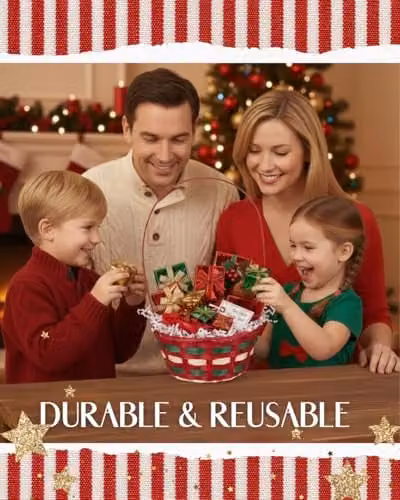 Almineez Set of 2 Christmas Bamboo Hamper Baskets with Handles, Red and Green, W/D/H: 35.5 x 21.5 x 9.5 cm