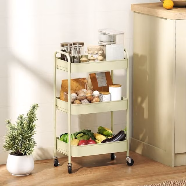 HOMCOM 3 Tier Rolling Utility Cart with 3 Mesh Baskets in Green