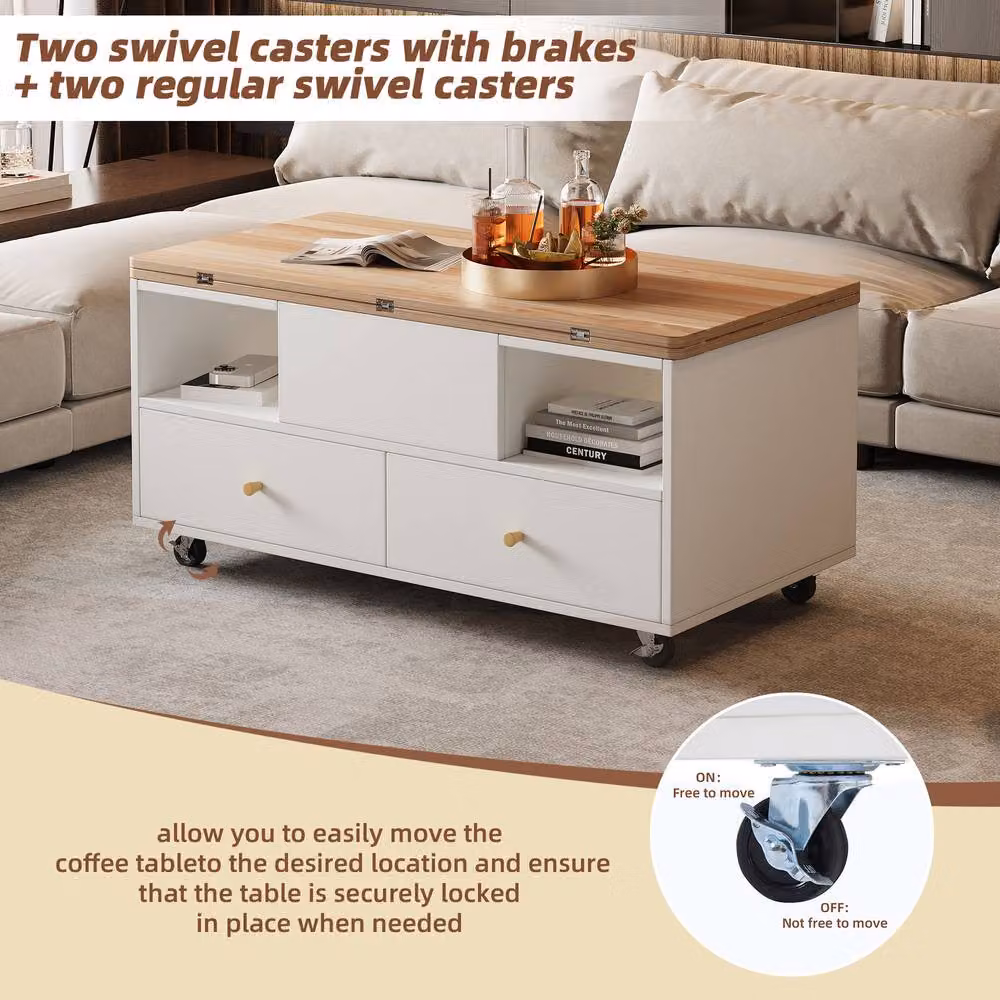 BTM Lift Top Coffee Table with Castors and Height Adjustment, White and Brown – 5