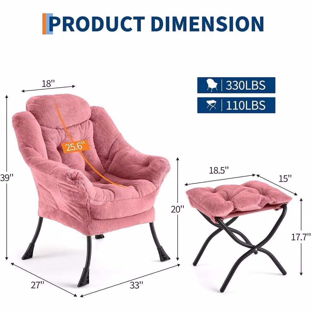 VOGREX Modern Lazy Lounge Armchair with Ottoman in Pink – 2