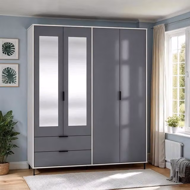 Seconique Madrid 4 Door 2 Drawer Wardrobe in Grey, White and Black Glossy MDF with Mirror