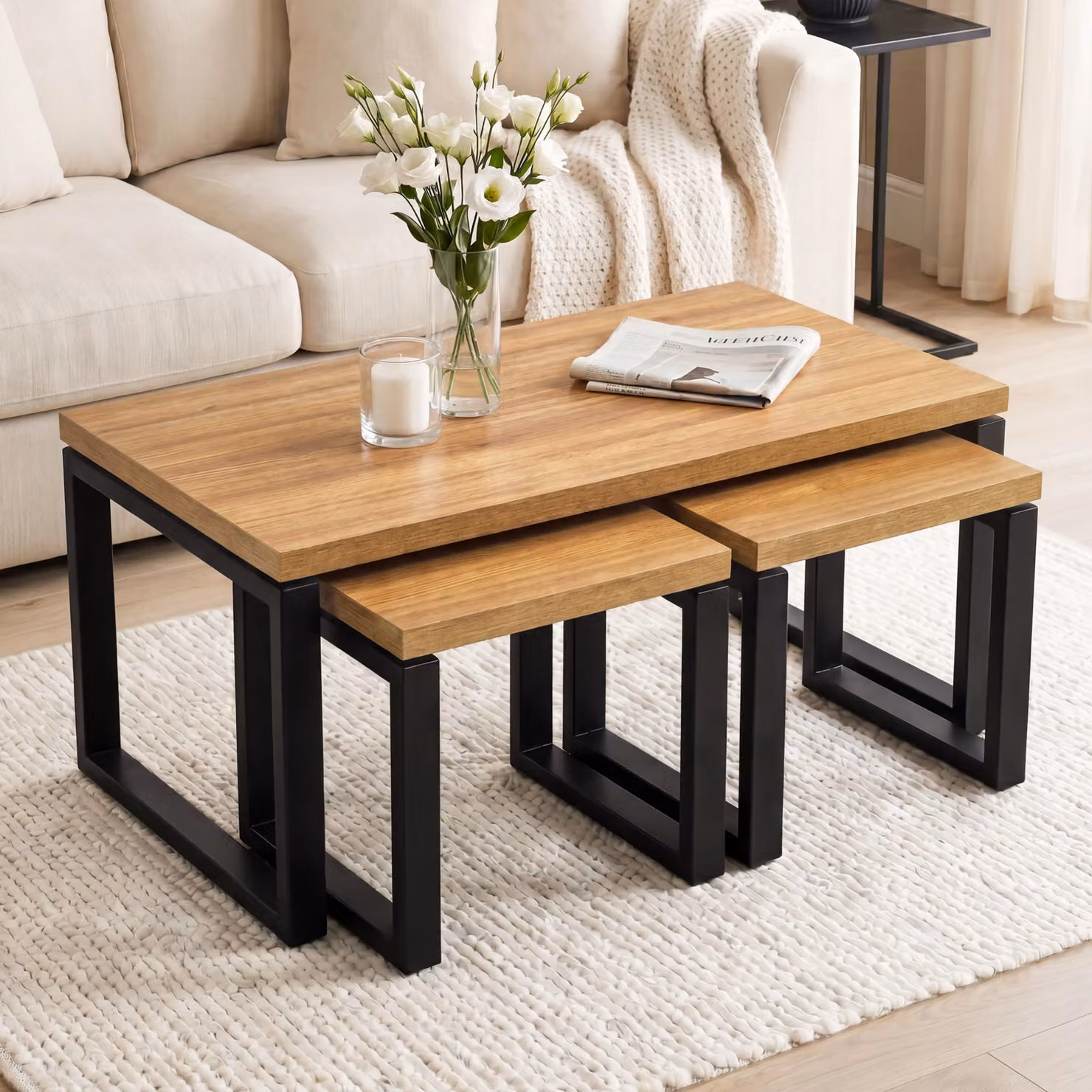 Nestline Industrial Nesting Coffee Tables Set of 3 in Brown and Black