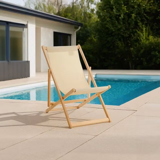 Orsina Beige and White Treated Hardwood Garden Deck Chair with Adjustable Headrest