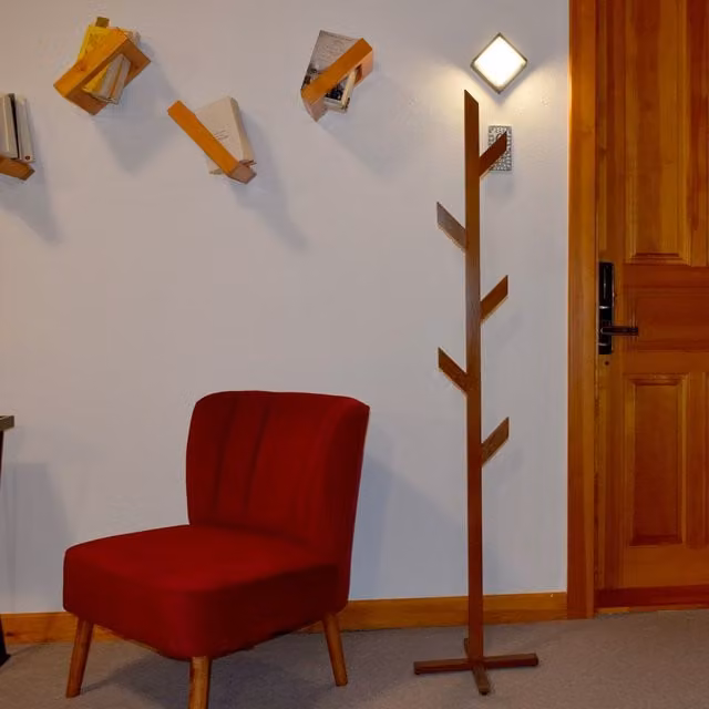 Arbrano Mid Century Handmade Solid Beech Wood Coat Rack and Clothes Rail in Brown Lacquered Finish
