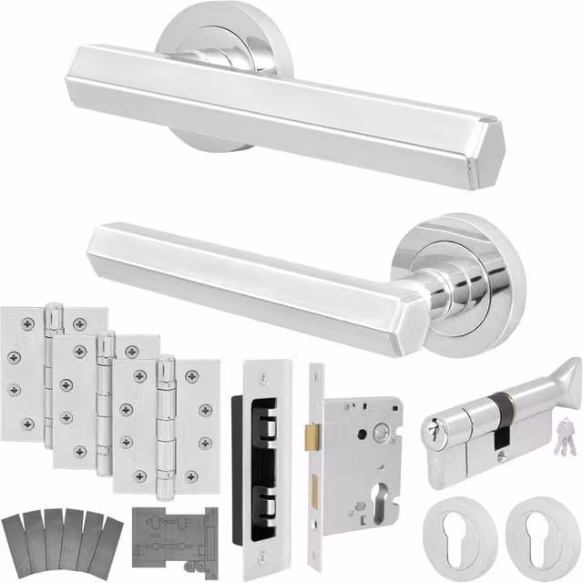 AFIT Chrome Fire Door Handle Set with Euro Lock, Thumbturn, Cylinder and Hinges in Silver, W/D/H: 15.5 x 15 x 15 cm – 1