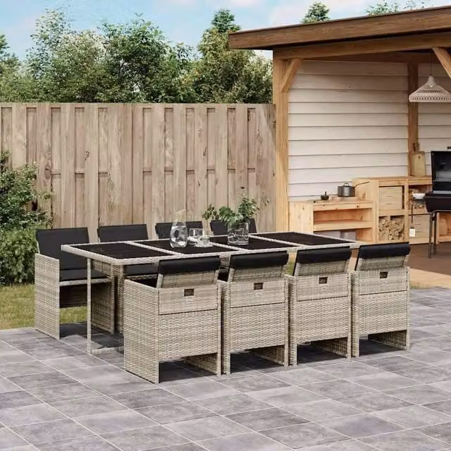 Berkfield Home 9 Piece Grey Poly Rattan Garden Dining Set with Cushions and Glass Tabletop