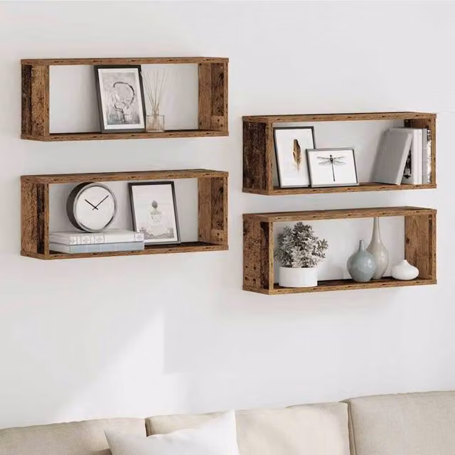 Berkfield Home Set of 4 Wall Mounted Cube Shelves in Old Wood Brown, W: 60 cm, D: 15 cm, H: 23 cm