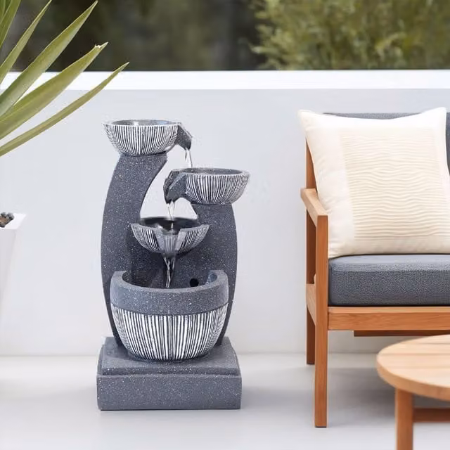 Lifeideas Grey Solar Cascading Bowls Outdoor Fountain, W: 47 cm, D: 24 cm