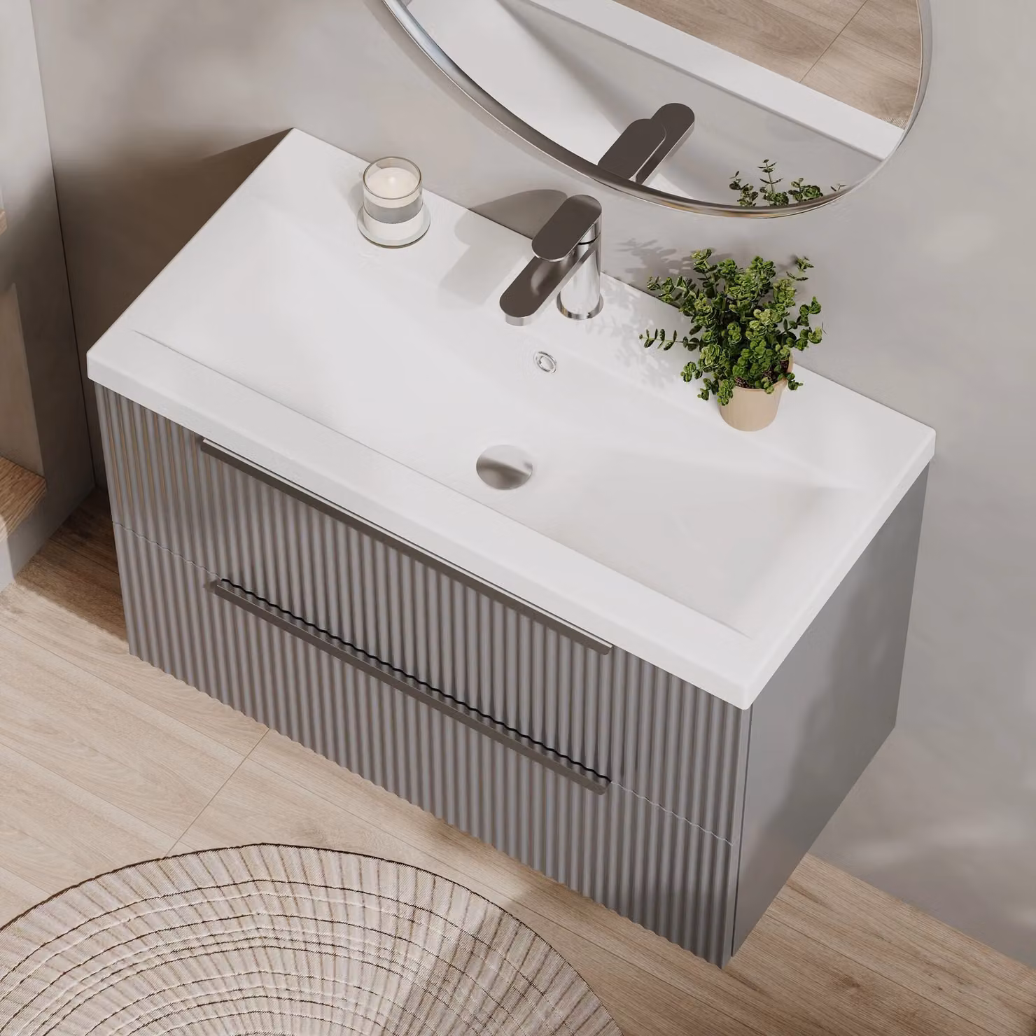 Balterley Fluted Wall Hung 2 Drawer Vanity Basin Unit and Basin, Satin Grey, Width: 80 cm – 3