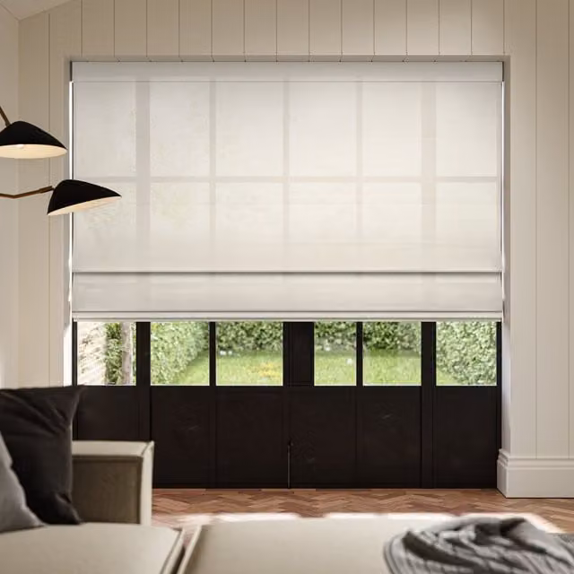 Ante Decor Karrika No Joins Sheer Made To Measure Roman Blind in Linen Beige and White