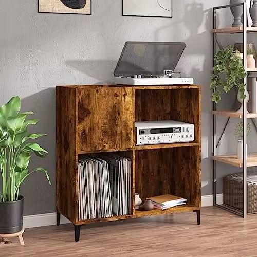 vidaXL Record Cabinet in Smoked Oak, Brown Engineered Wood, W: 84.5 cm, D: 38 cm, H: 89 cm
