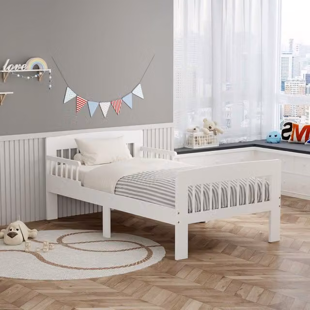WestWood Solid Wood Montessori Junior Toddler Bed Frame with Safety Rail Guard, White, 90 x 190 cm – 1