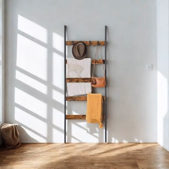 Pirlo Plush 5-Tier Brown Towel and Blanket Ladder Shelf Rack with Hooks