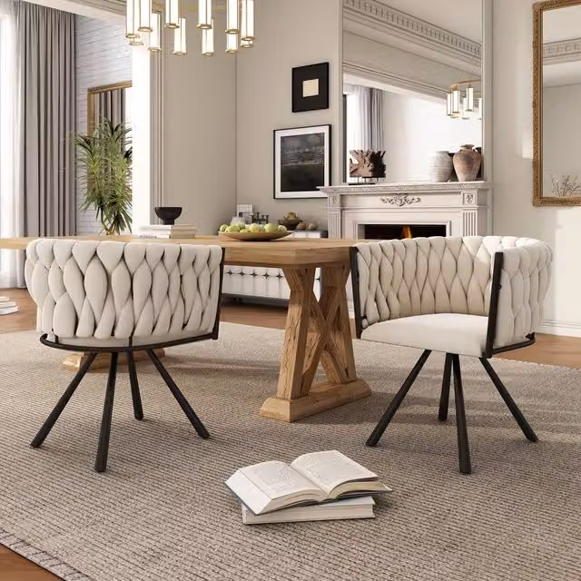 Merax Set of 2 Beige Velvet Swivel Dining Chairs with Metal Legs