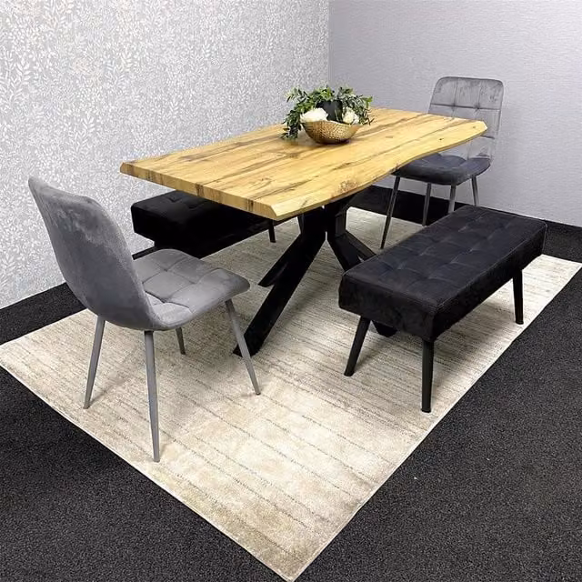 Kosy Koala Modern Rectangular Dining Set with 2 Grey Velvet Chairs and Black Bench