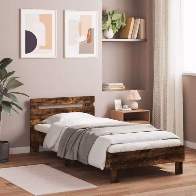 Berkfield Home Durable Bed Frame with LED Under-Bed Lighting in Smoked Oak Brown, W/D/H: 90 x 200 x 70 cm – 1