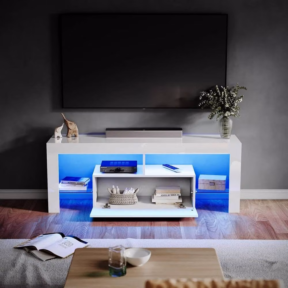 FORGEVIO Modern High Gloss LED TV Stand Cabinet in White, W: 140 cm, H: 52 cm, D: 35 cm – 2
